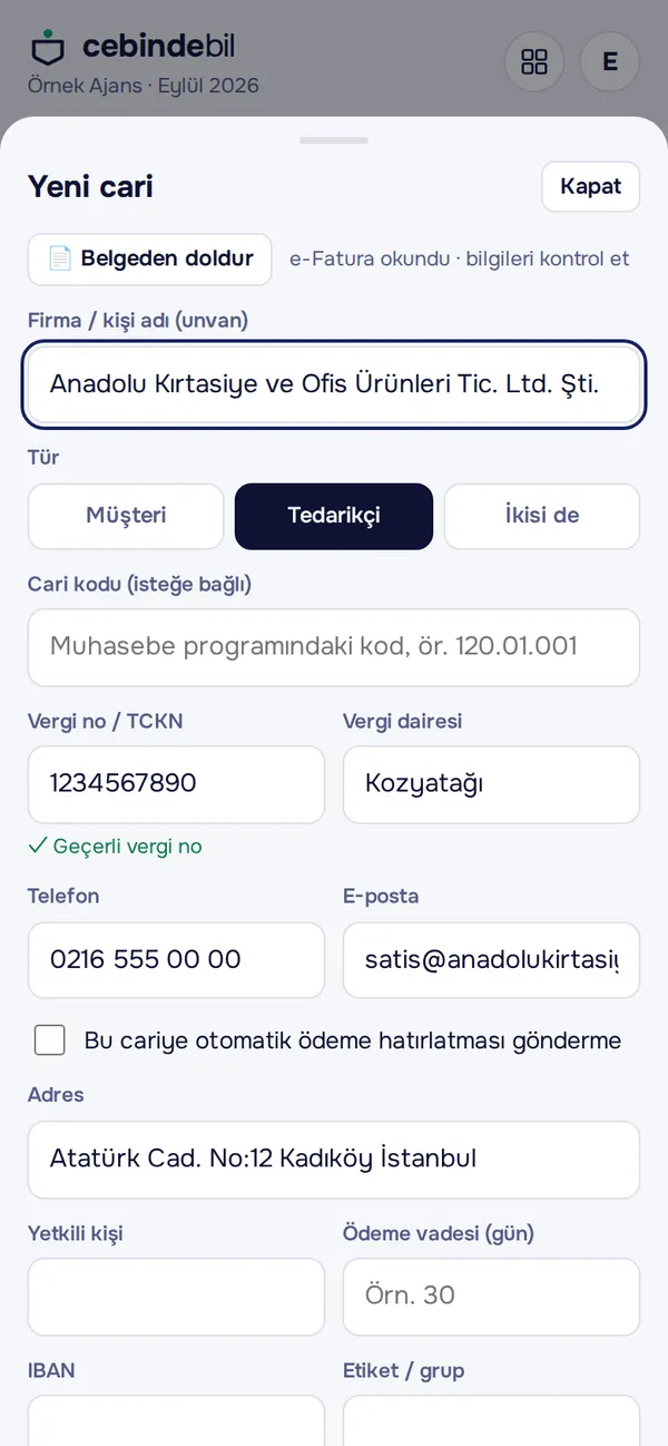 Belgeden doldurulan cari kartı
