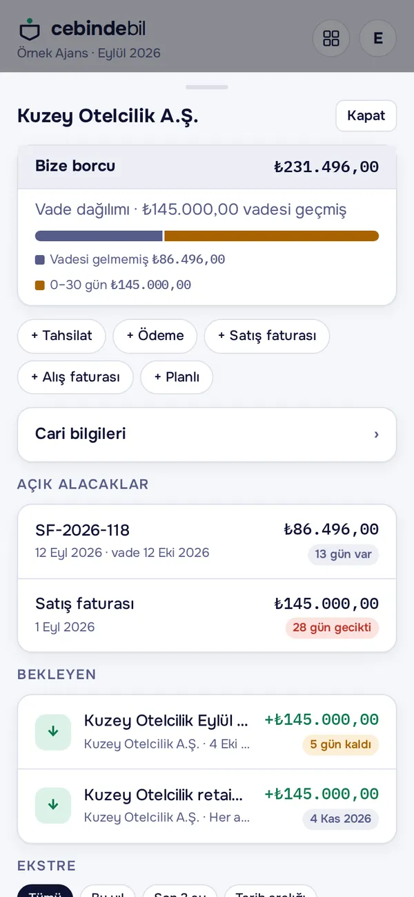 Cari kartı: vade dağılımı ve açık alacaklar