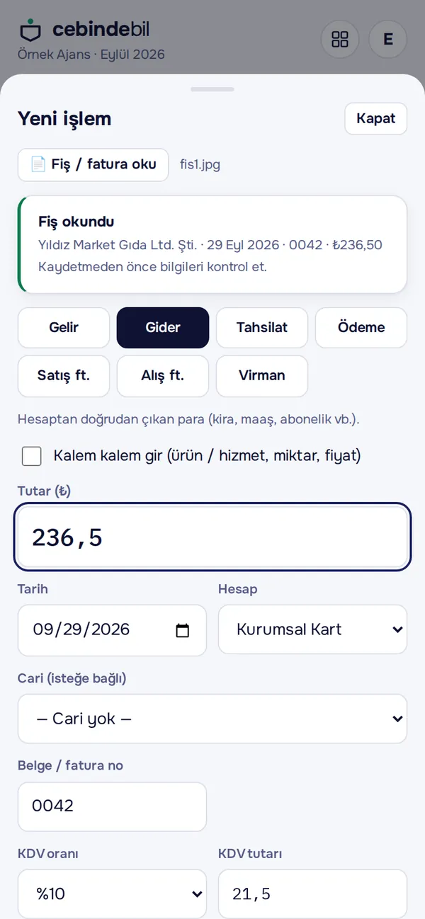 Fotoğraftan okunan fiş