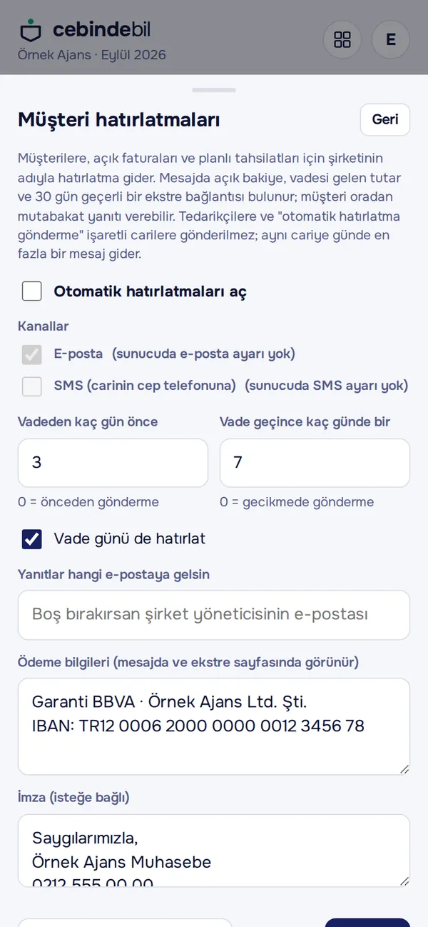 Müşteri hatırlatma ayarları