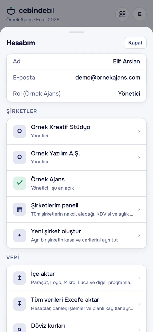 Hesabım ekranı ve dışa aktarma