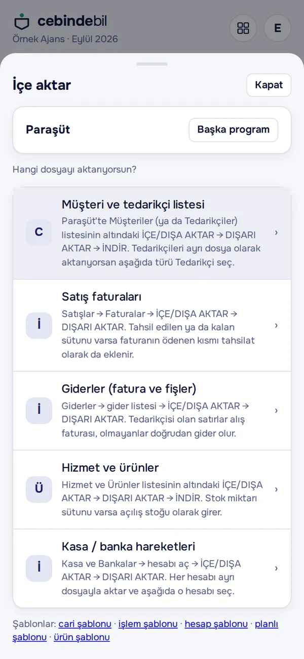 Program ve dosya türü seçimi
