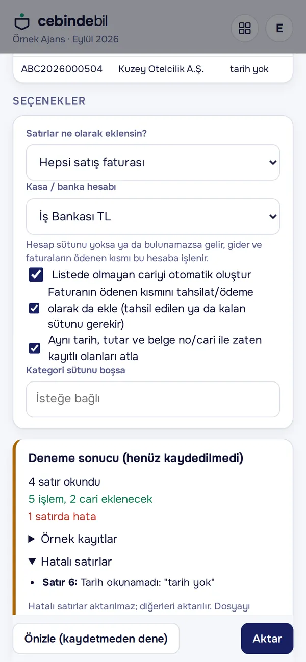 Aktarma sonucu