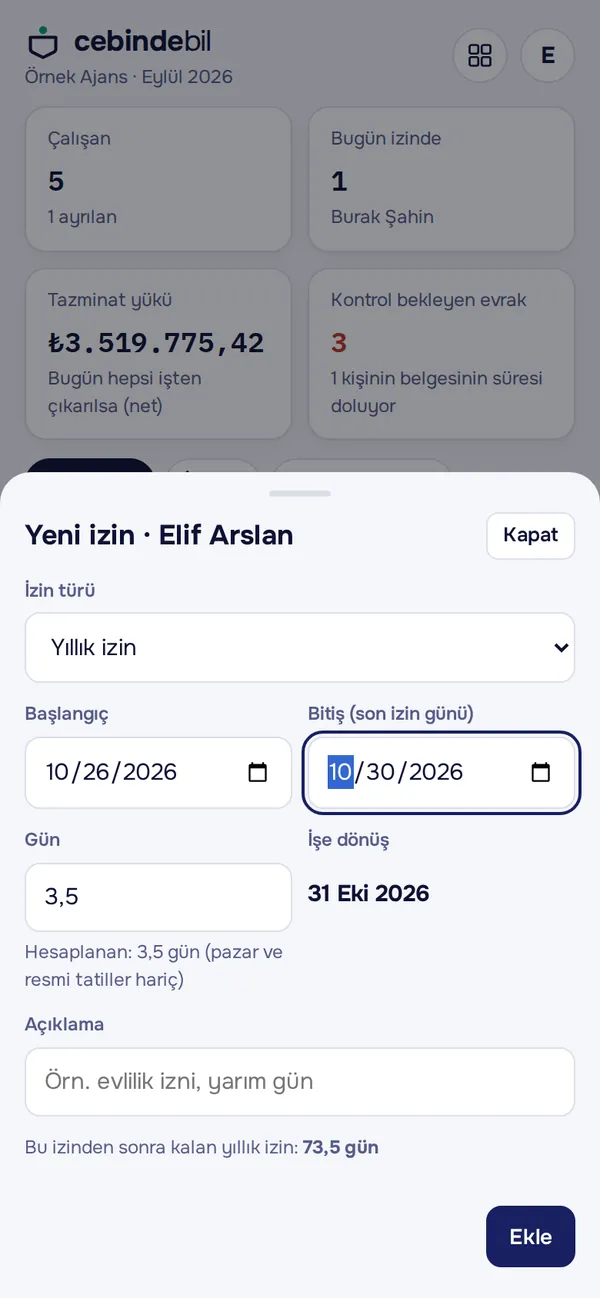 İzin girişi ve hesaplanan gün sayısı