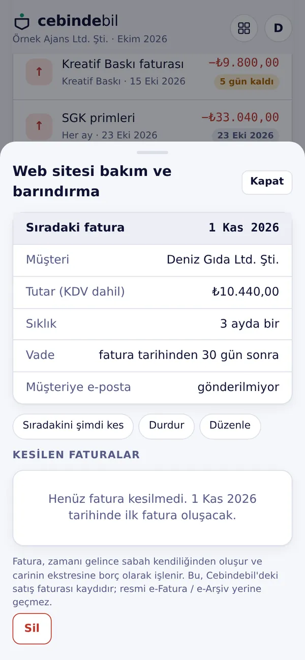 Tekrarlayan fatura: sıradaki fatura tarihi ve tutar