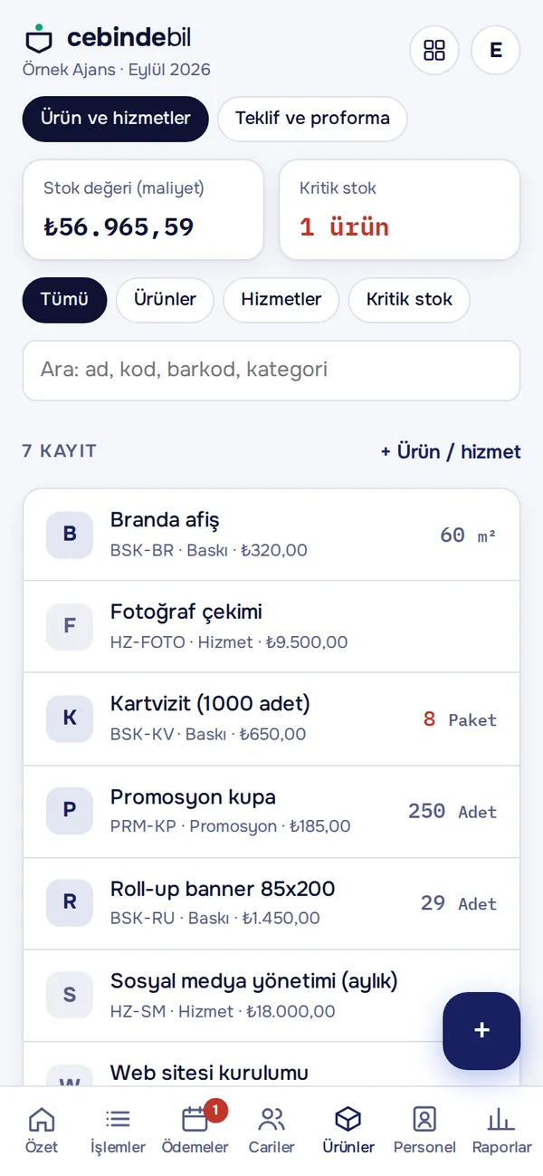 Ürün ve hizmet listesi