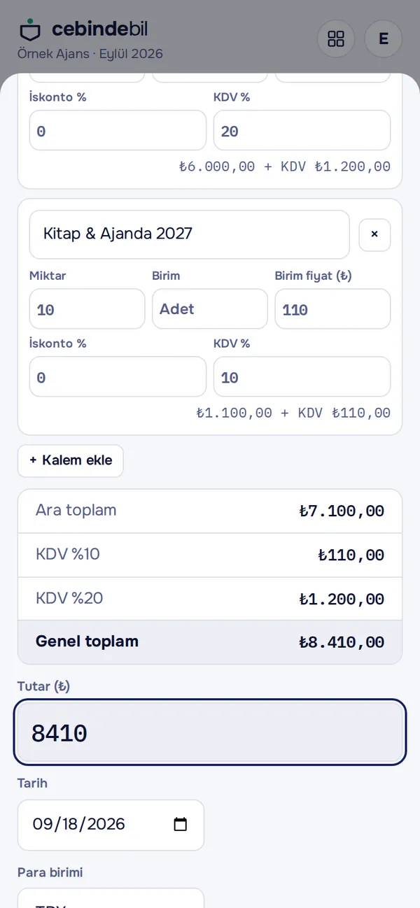 e-Fatura XML'inden gelen kalemler